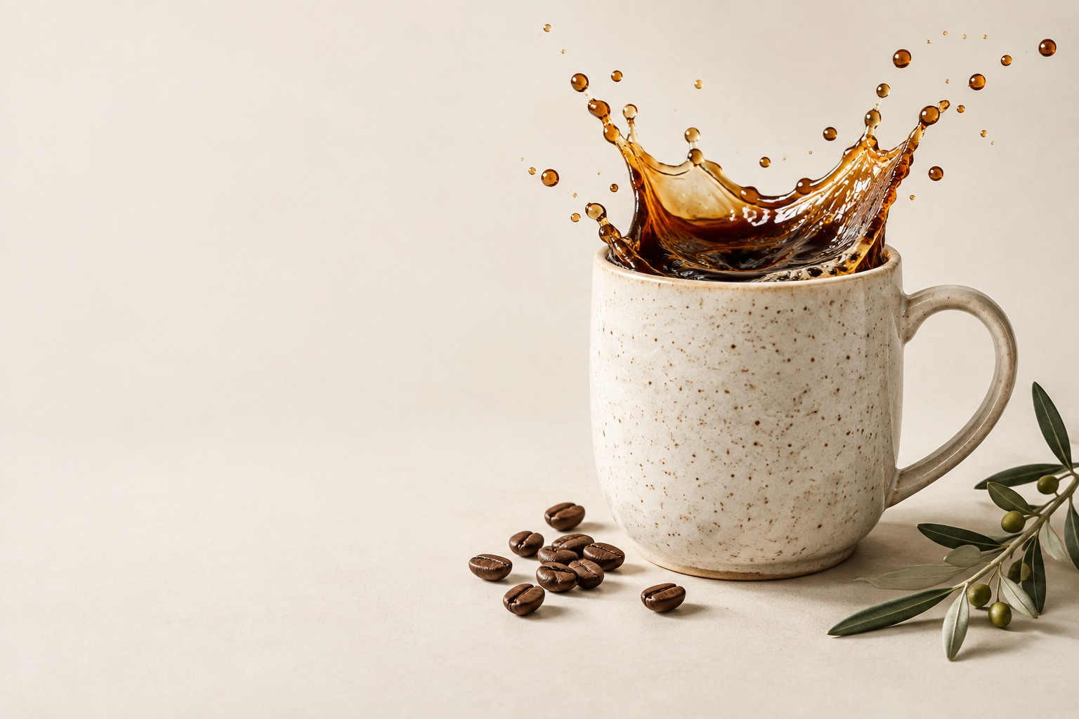 Illustration: Keramiktasse mit schwungvoll spritzendem Kaffee
