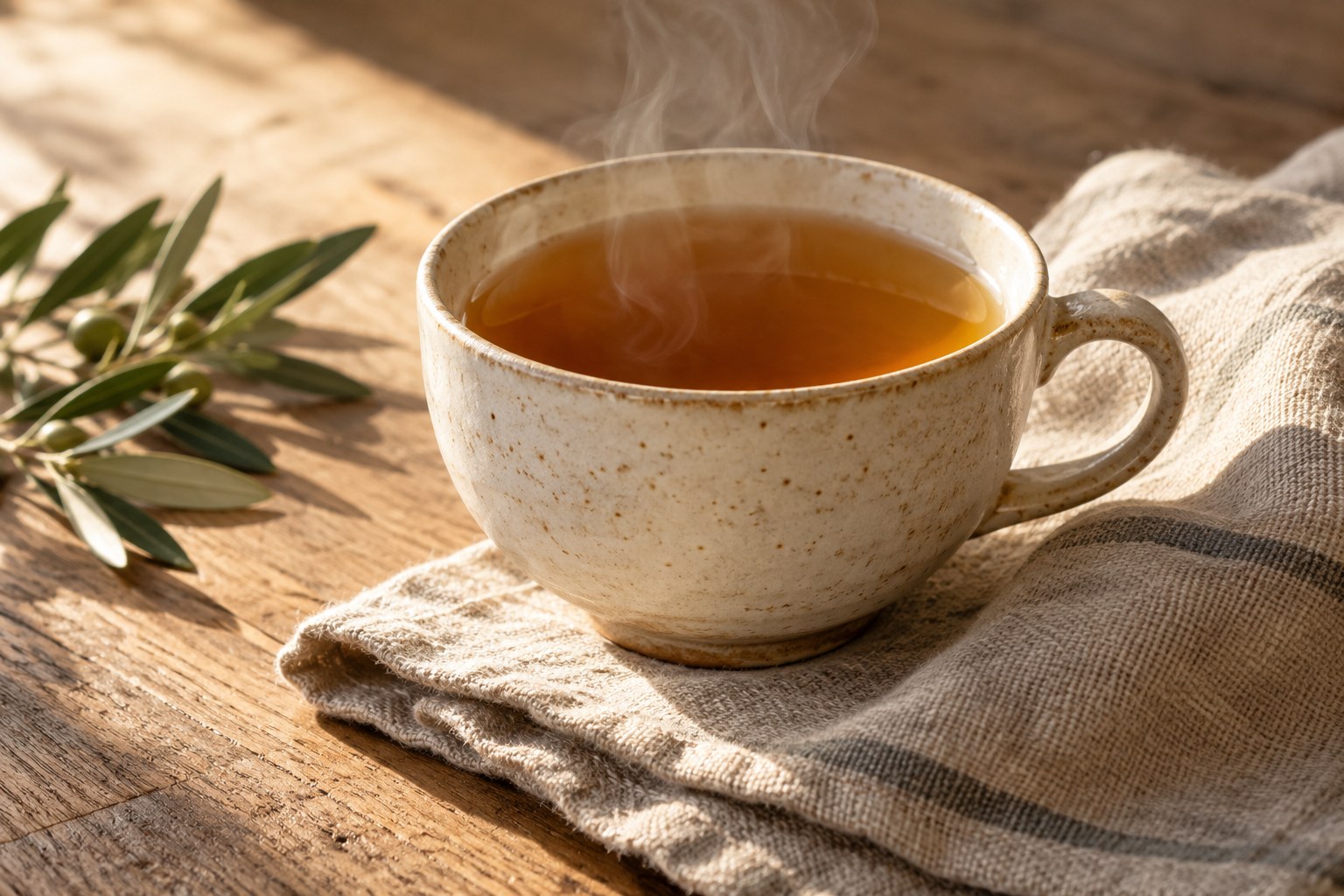 Eine warme Tasse Tee auf einem Holztisch